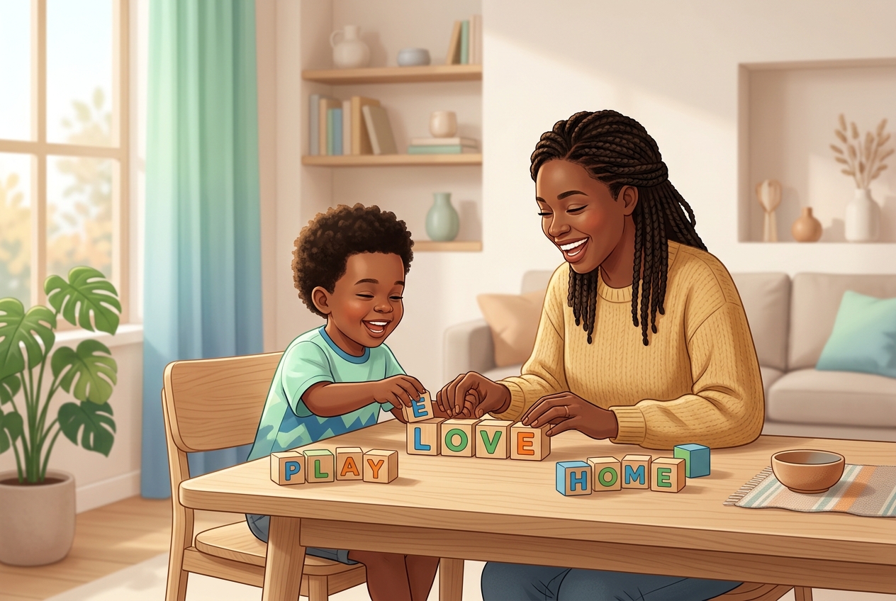 Heartwarming illustration of a mother and child playing together with blocks in a warm room