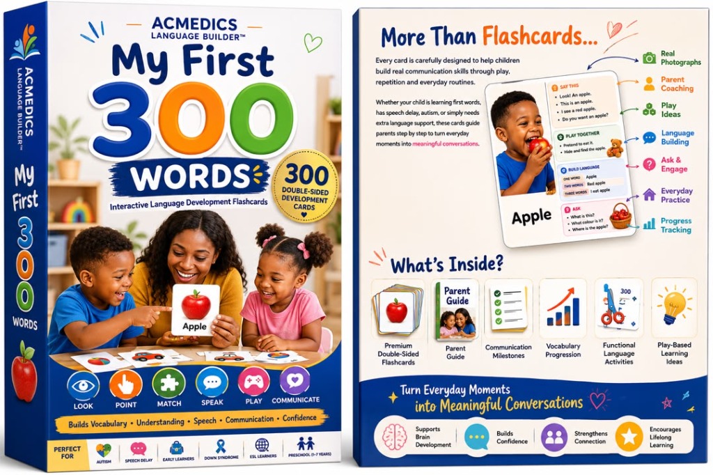 My First 300 Words development flashcards front and back packaging box showing child development guidelines